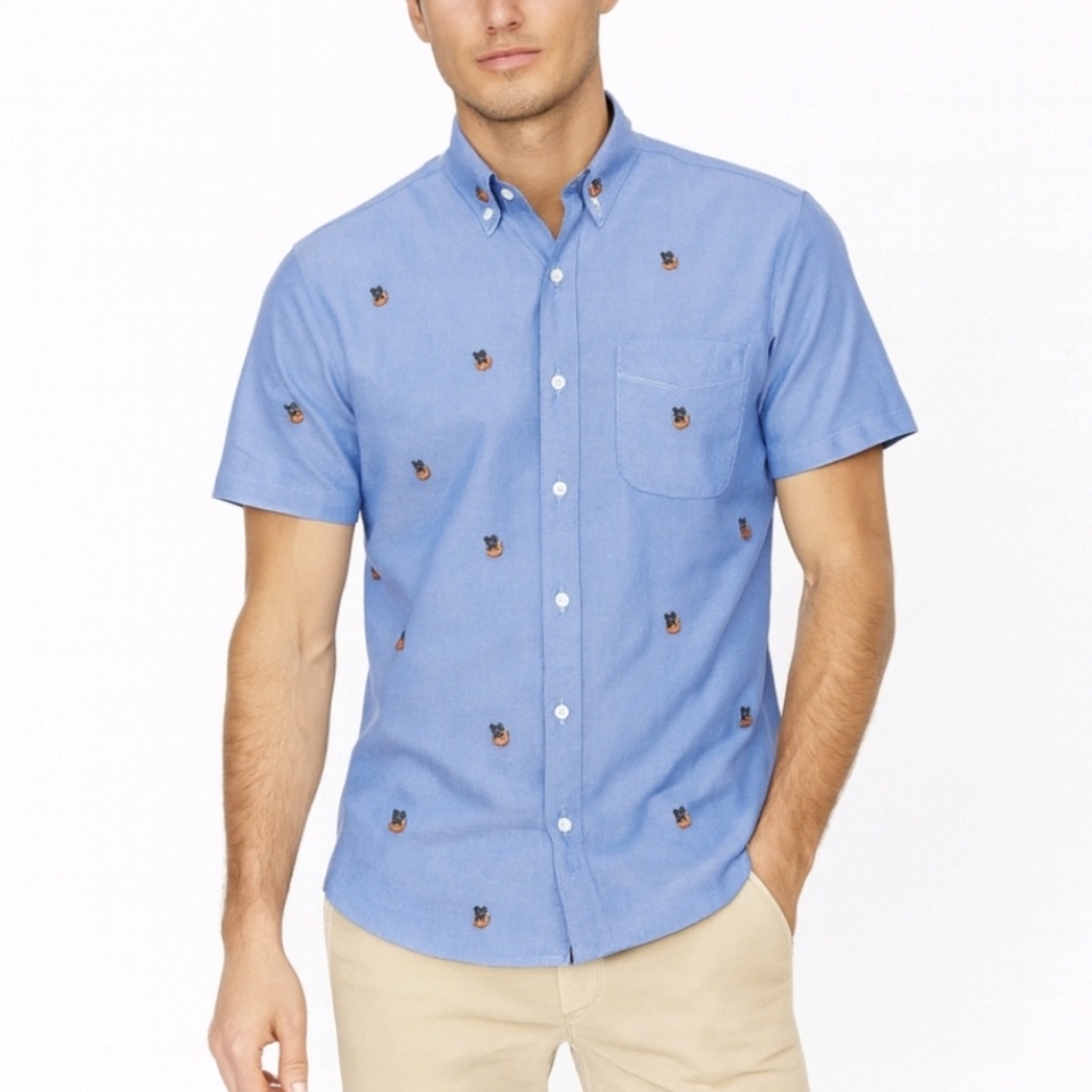 J. Crew Oxford Shirt Blue Chambray USA Peace Sign Button Up Short Sleeve Size XL
